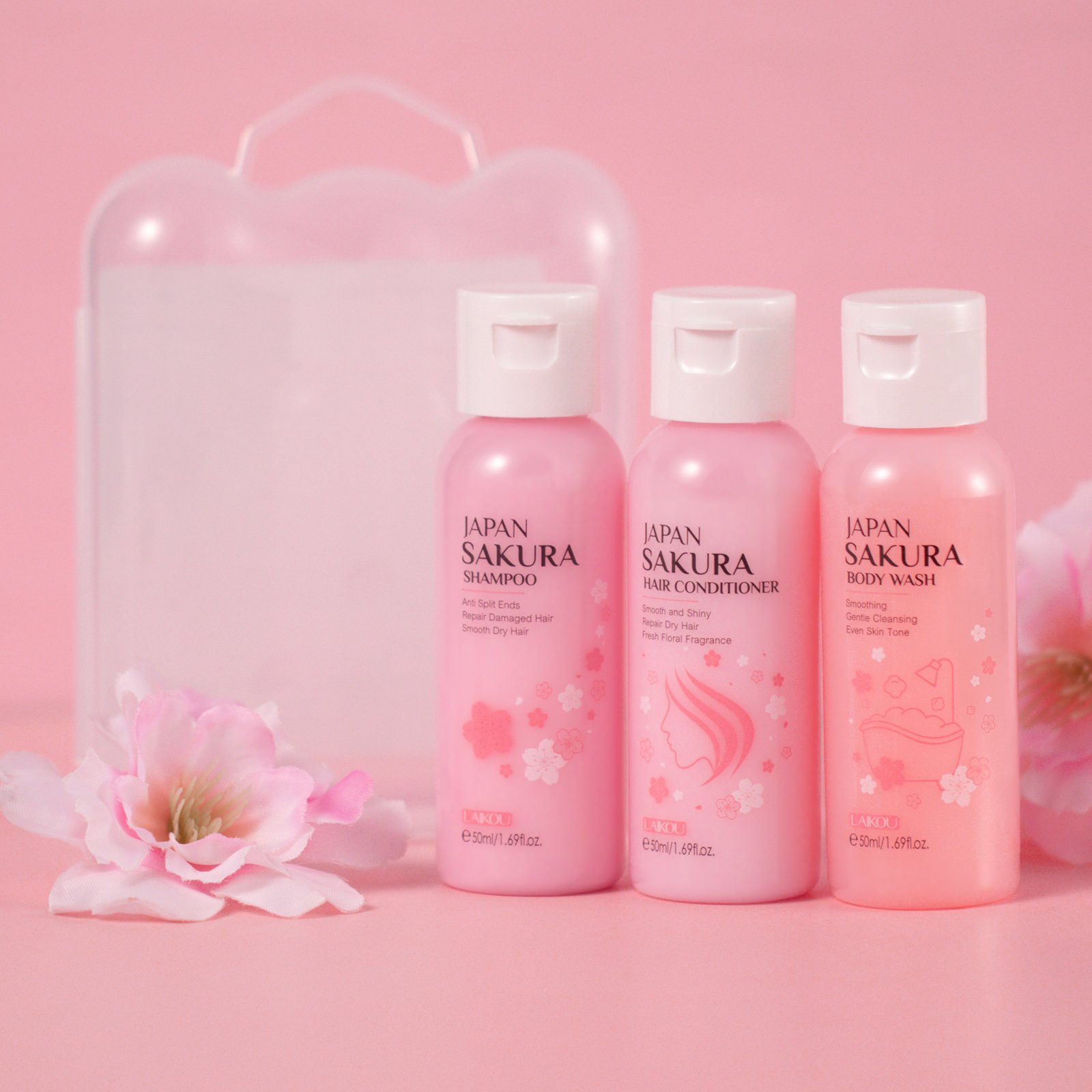 LAIKOU Japan Sakura Bath Hair Care 3PCS Travel Kit Amino Acids Shampoo Conditioner Shower Gel Body Wash