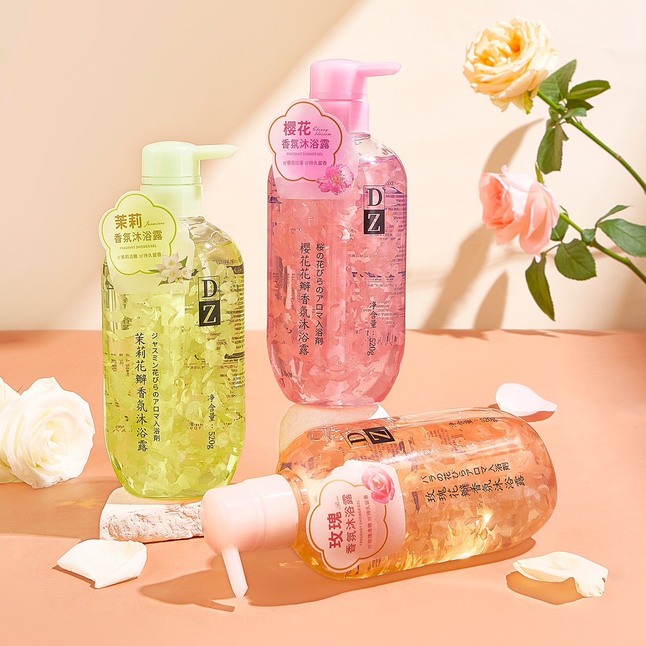DZ Floral Body Wash with Flower Petals Body Cleanser Whitening Bath Body Wash Home Floral Fragrance Shower Gel