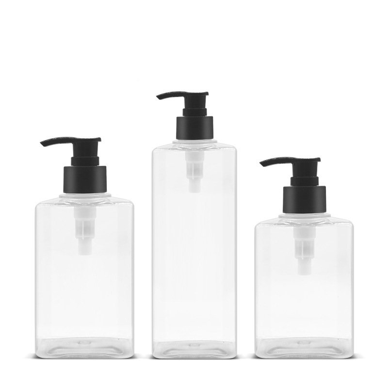 Shower Gel Shampoo Bottle Lotion Pump Bottle Screw Cap Transparent Pet Flat Square Plastic 200ml 300ml 500ml Cosmetic Custom OEM