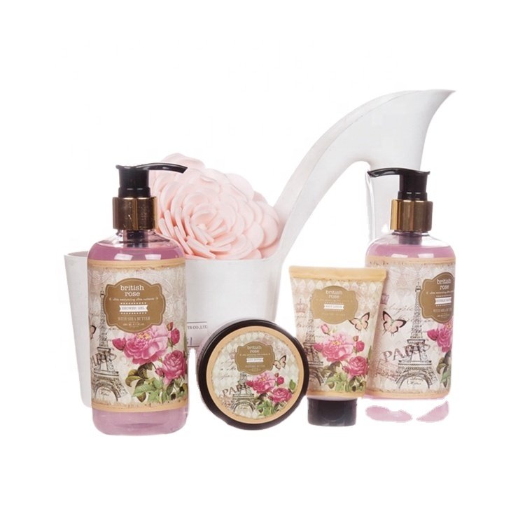 Professional design high heel shoes shape bath bubble set rose flower fragrance body shower gel spa bath gift set