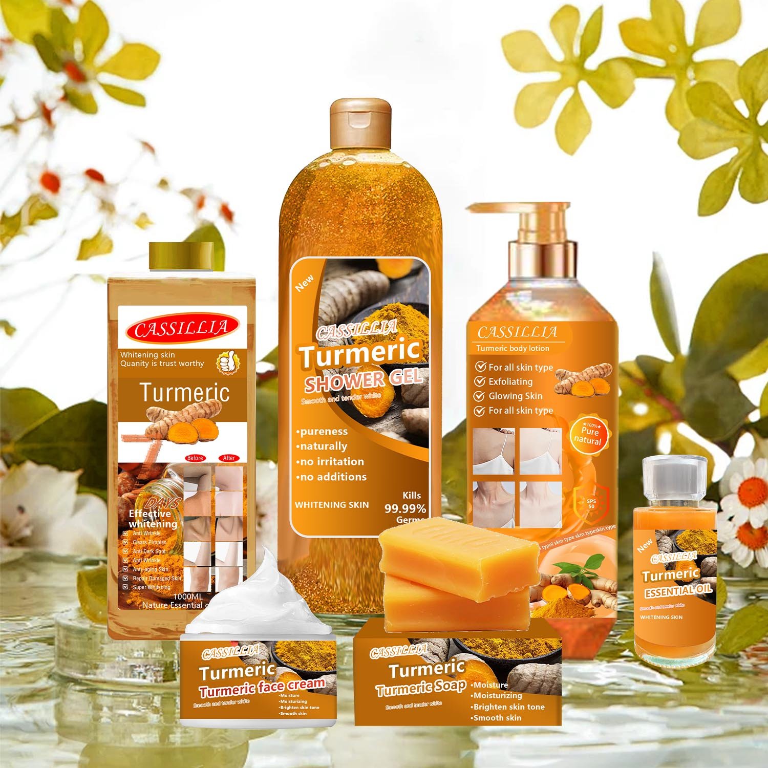 Natural Organic Turmeric Exfoliating Scrub Bath Set For Glowing Skin 7 Days Brightening Face and Body Moisturizing Shower Gel