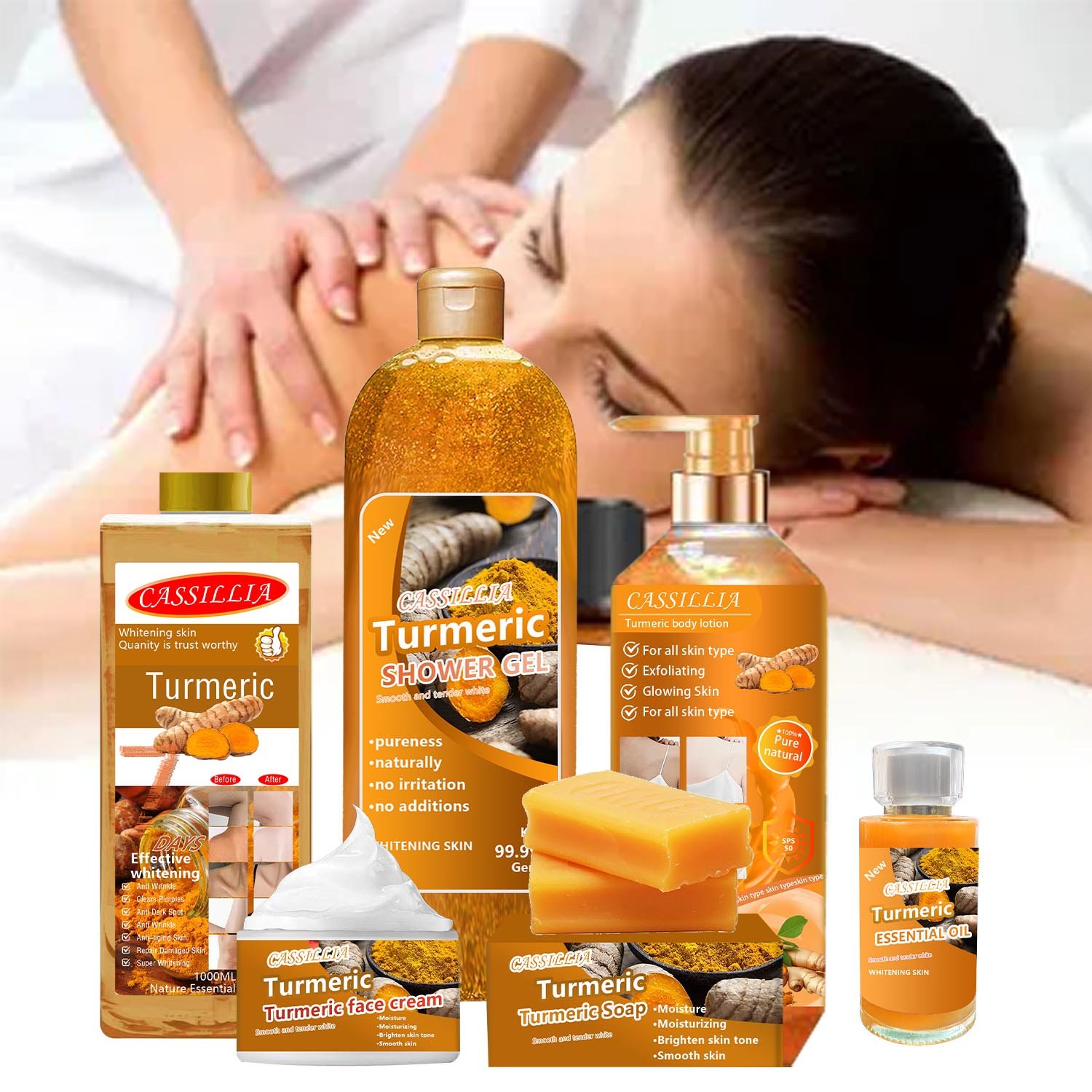 Natural Organic Turmeric Exfoliating Scrub Bath Set For Glowing Skin 7 Days Brightening Face and Body Moisturizing Shower Gel