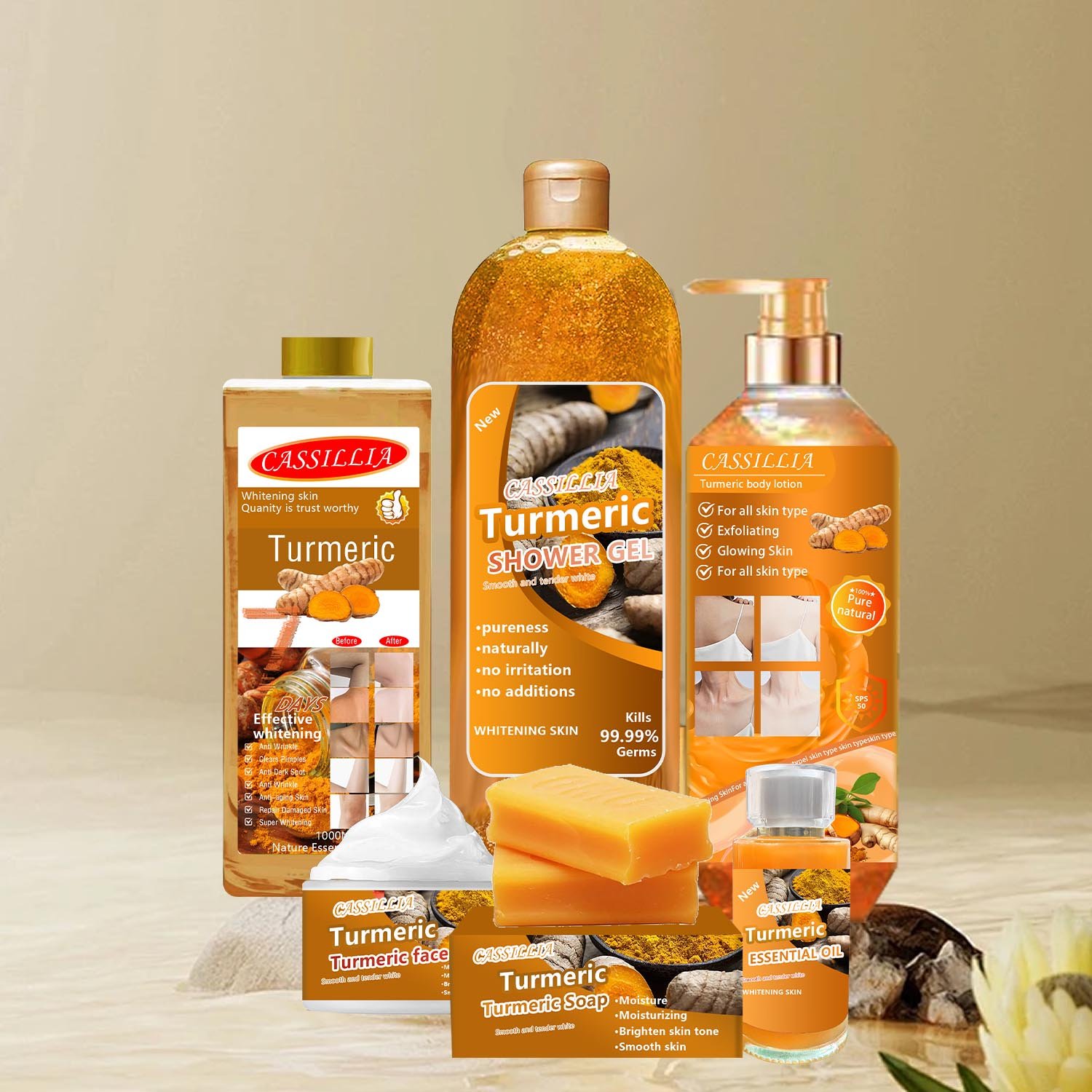 Natural Organic Turmeric Exfoliating Scrub Bath Set For Glowing Skin 7 Days Brightening Face and Body Moisturizing Shower Gel