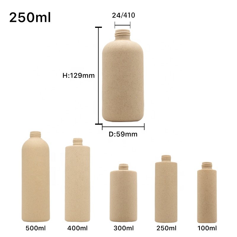 Eco friendly biodegradable container 250ml round shoulder bottle wheat straw recyclable bottles for shower gel shampoo