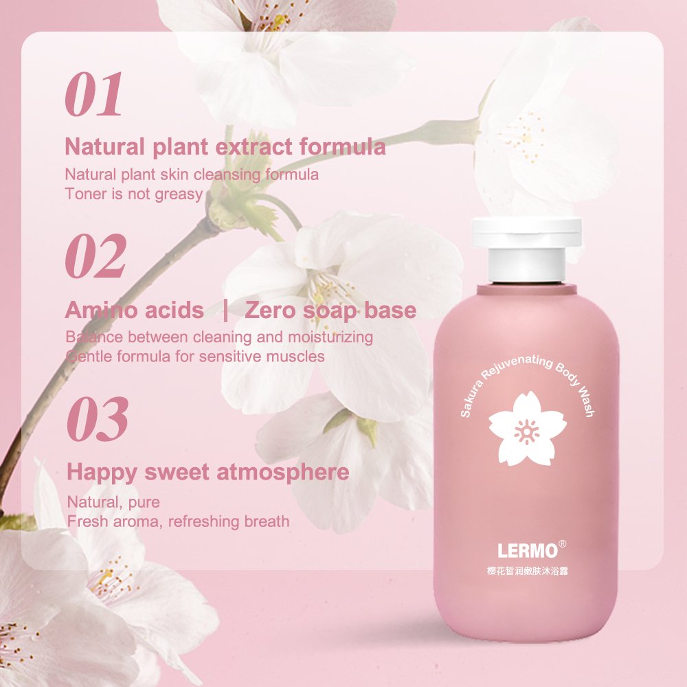 LERMO Wholesale Oem Custom Moisturizing Bath Sakura 320ml 500ml fair moisturizing skin Fragrance Body Wash Shower Gel