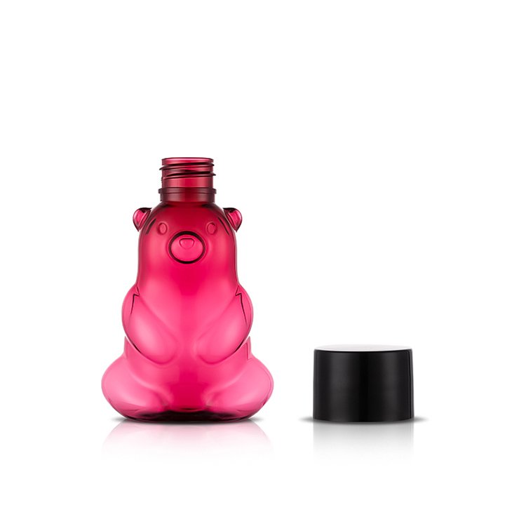 Light Red Cute bottle bear shape design shower gel plastic bottle with black pp screw cap for lotion and shampoo bottles
