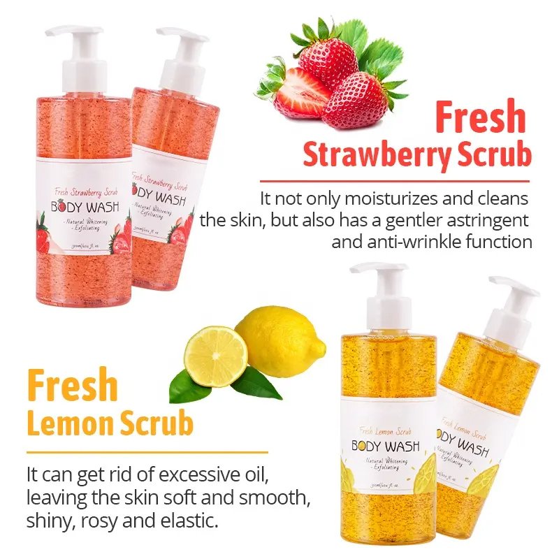 Private Label Natural Organic Body Wash Scrub Fruit Flavor Exfoliating Lightening Whitening Shower Gel