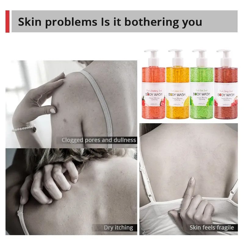 Private Label Natural Organic Body Wash Scrub Fruit Flavor Exfoliating Lightening Whitening Shower Gel