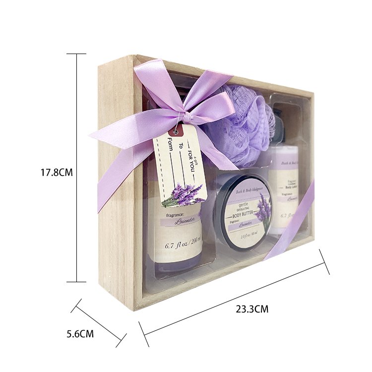 OEM wholesale privite logo personal care gift set natural shower gel body lotion and body butter wooden bath gift sets
