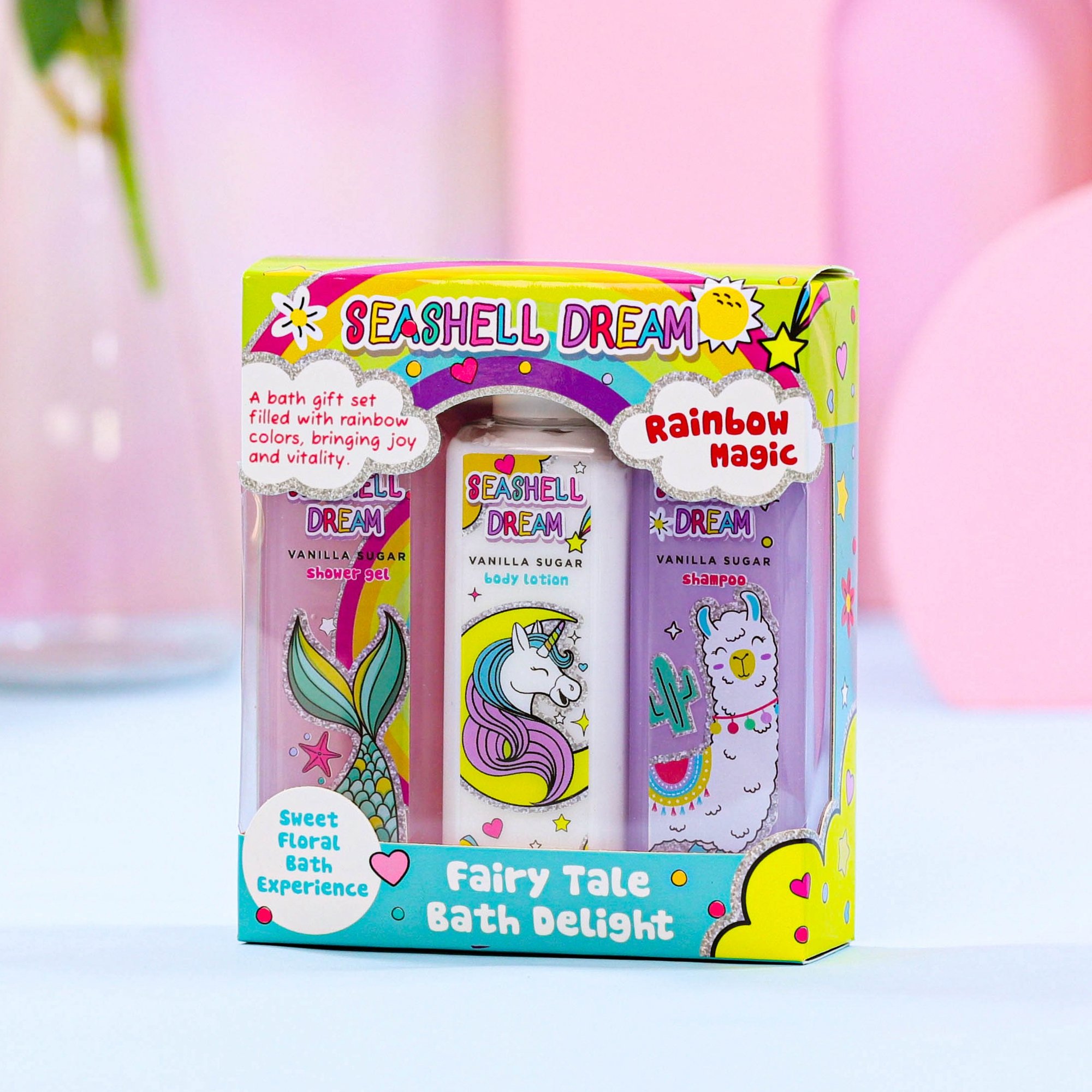 New kid cartoon rainbow magic design 105ML shower gel body lotion shampoo girl spa gift bath sets with paper box