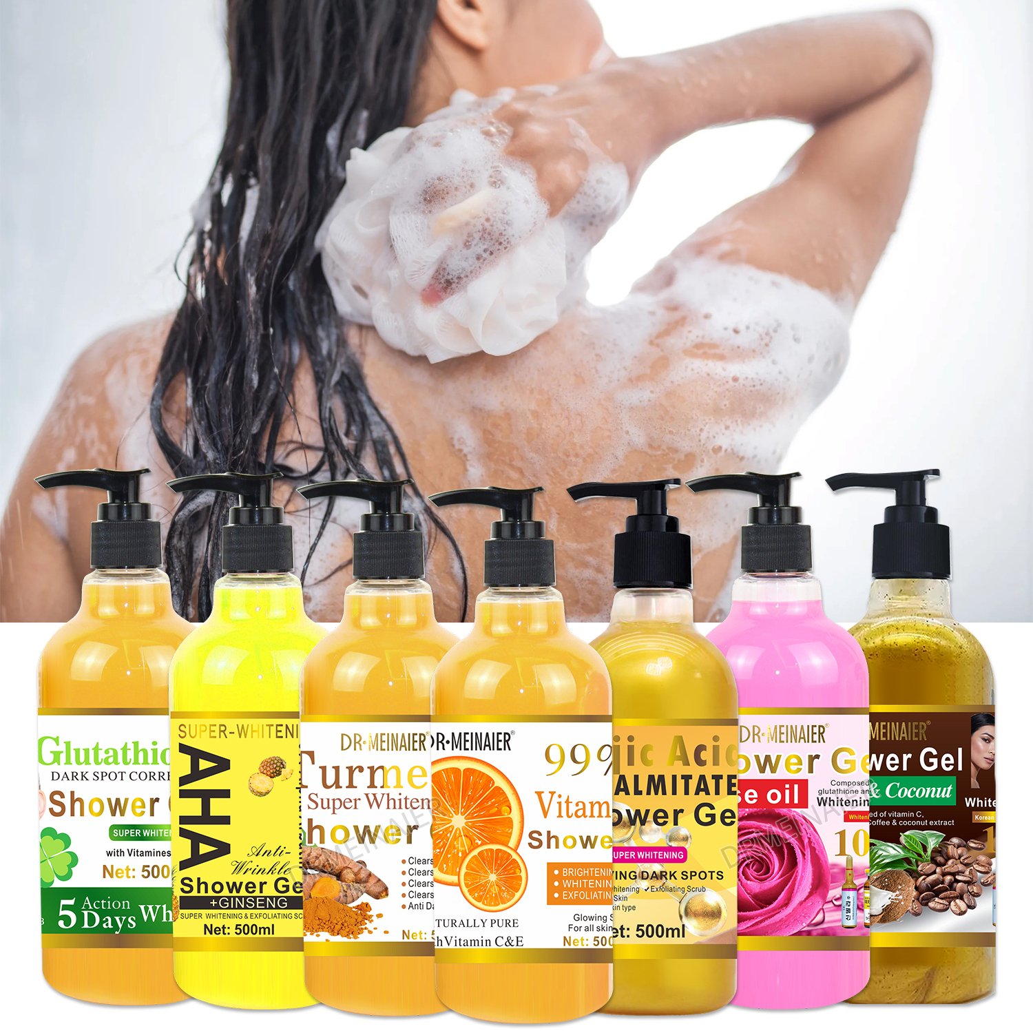 Factory price Vitamin C shower gel turmeric AHA gold body wash whitening scrub exfoliating liquid soap natural skincare