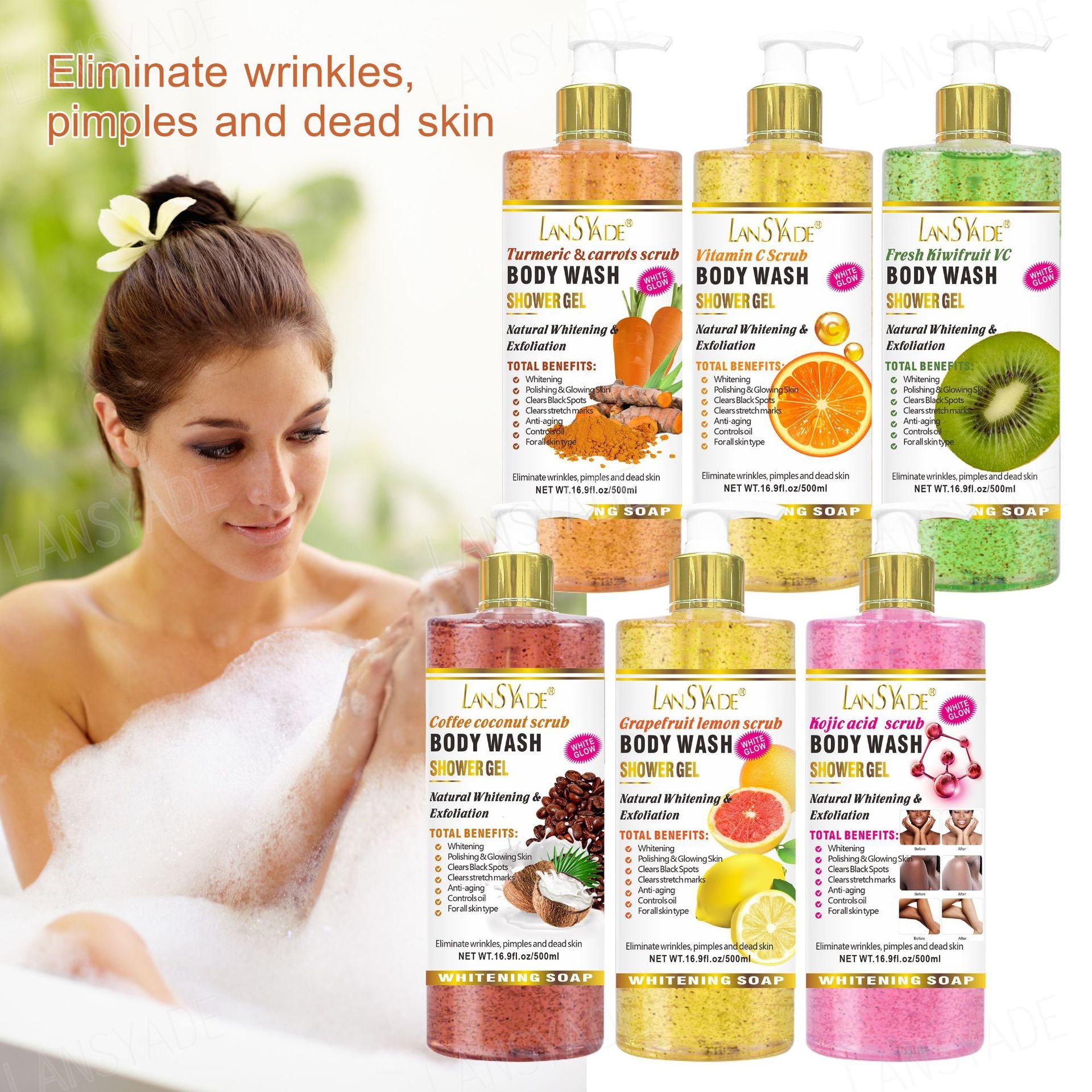 Shower Gel Turmeric vitamin C whitening scrub body wash moisturize exfoliating soap deep clean protect skin fragrance scrub
