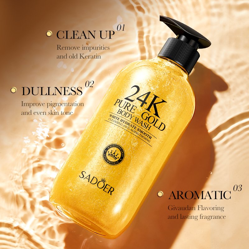 SADOER Body Wash Deep Cleansing Nourishing Body Wash Bathing Liquid Exfoliator Whitening Shower Gel Wholesale 24 K Gold Adults