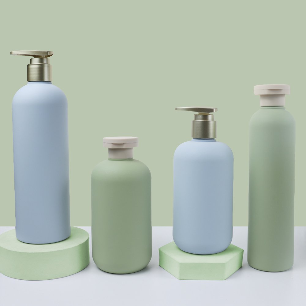 Green Plastic Cylindrical Cosmetic HDPE Bottle 300ml 500ml Shampoo Dispenser Shower Gel Lotion Pump Bottle