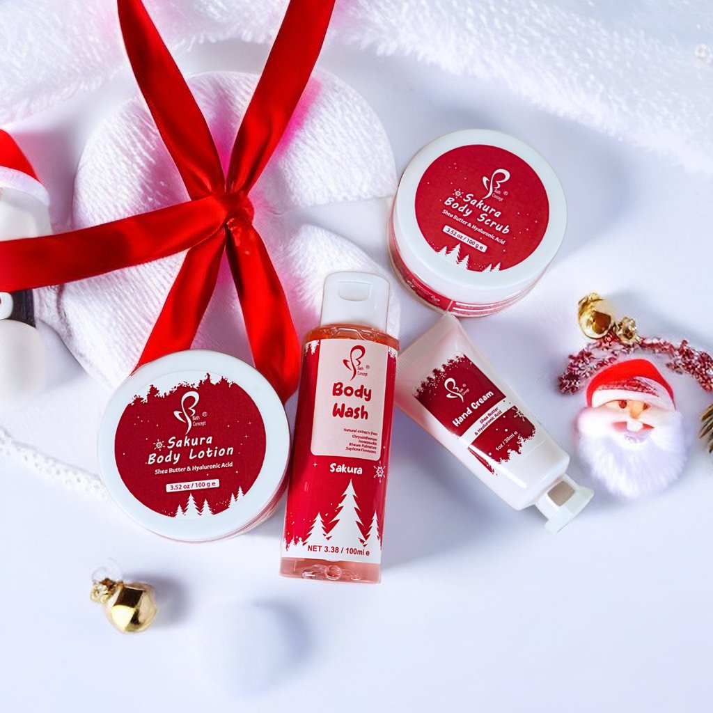 OEM Factory Christmas Day Bath Gift Set Spa Luxury Sakura Scent Bath Gift Set Body Scrub Shower Gel Body Lotion For Women