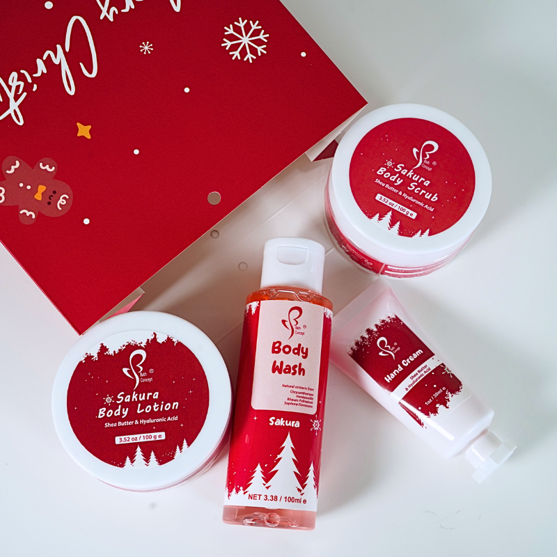 OEM Factory Christmas Day Bath Gift Set Spa Luxury Sakura Scent Bath Gift Set Body Scrub Shower Gel Body Lotion For Women