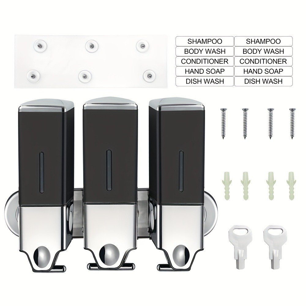 Shampoo, Shower Gel and Conditioner Dispenser, Drill Free with Adhesive.No-Drill 3 Pack 500ml Wall Mounted soap Dispenser