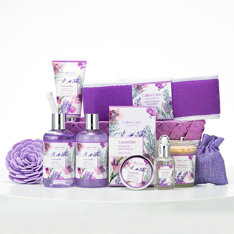 Wholesales factory price Custom Purple lavender fragrance basket Bathing set shower gel home spa bubble bath body lotion OEM&ODM