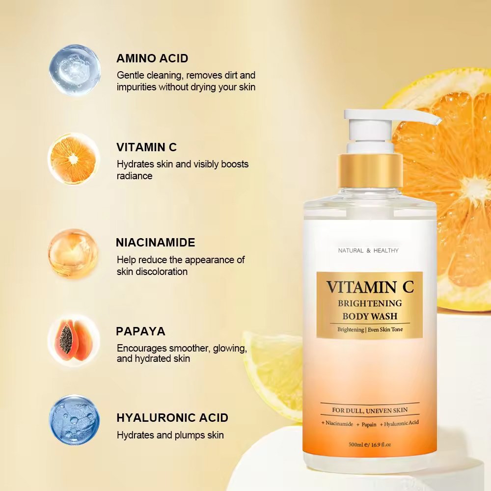 Custom Vitamin C Vegan Lightening Brightening Perfumed bodywash Wholesale Skin Whitening Body Wash Shower Gel For Men and Women