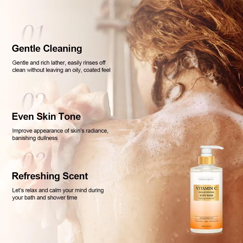 Custom Vitamin C Vegan Lightening Brightening Perfumed bodywash Wholesale Skin Whitening Body Wash Shower Gel For Men and Women