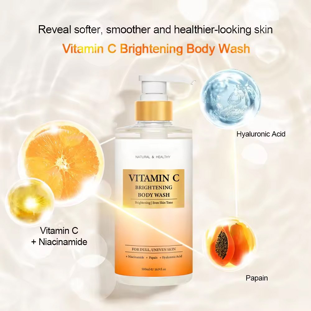 Custom Vitamin C Vegan Lightening Brightening Perfumed bodywash Wholesale Skin Whitening Body Wash Shower Gel For Men and Women