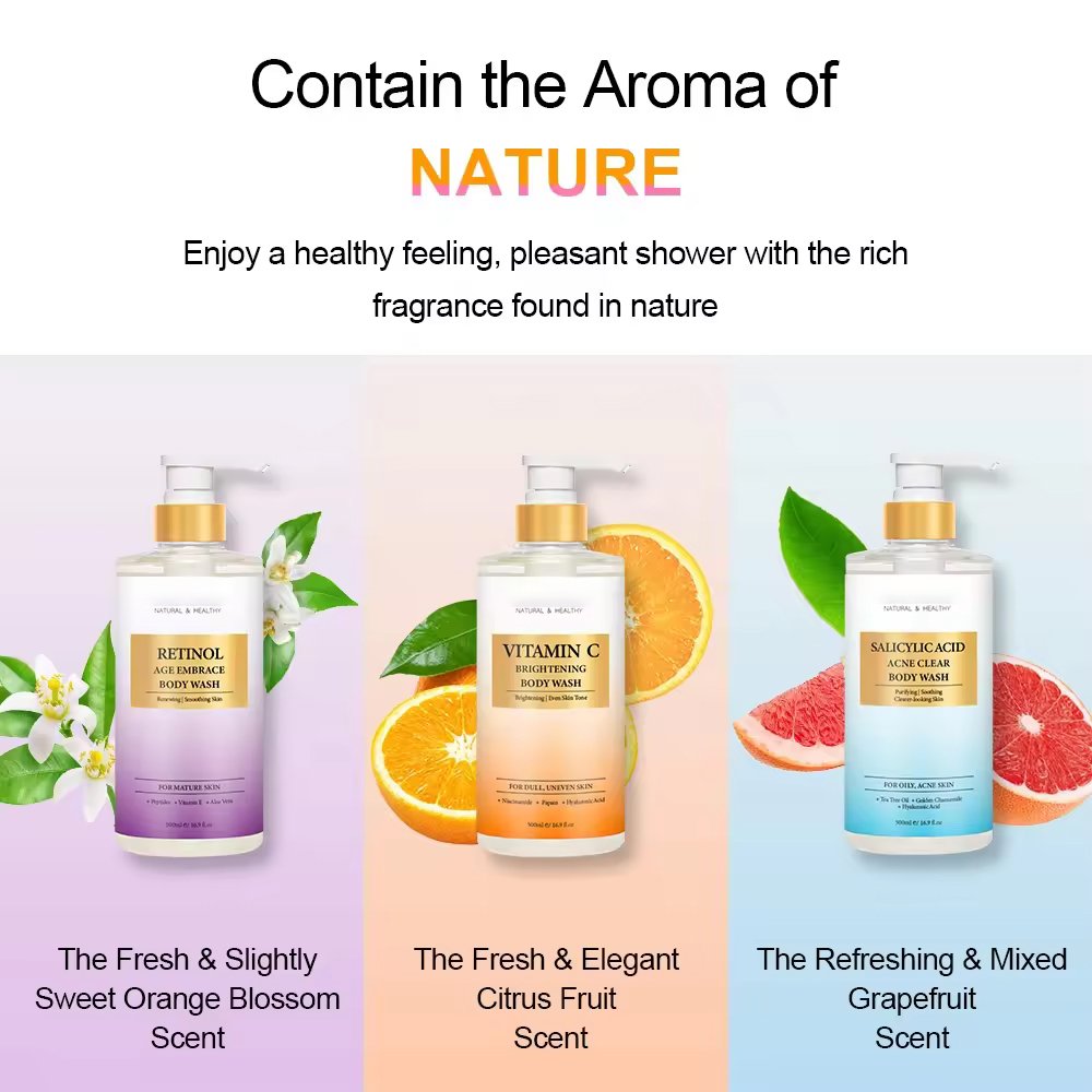 Custom Vitamin C Vegan Lightening Brightening Perfumed bodywash Wholesale Skin Whitening Body Wash Shower Gel For Men and Women