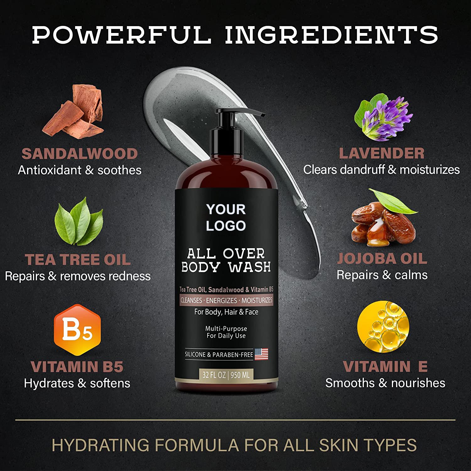 AiXin Private Label 950ML Refreshing Moisturizing Anti Itchy Liquid Soap Sandalwood Tea Tree Oil Body Shower Gel Mens Body Wash
