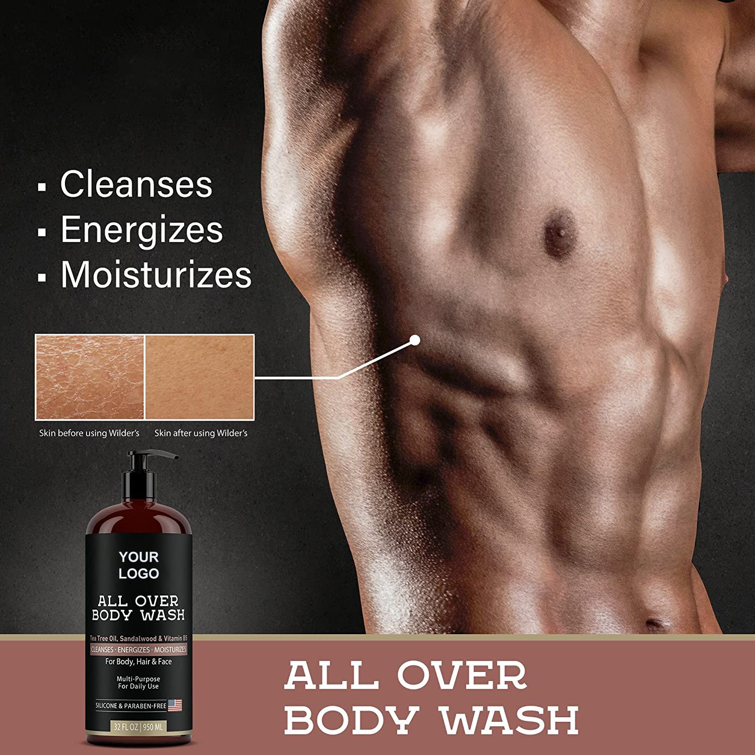 AiXin Private Label 950ML Refreshing Moisturizing Anti Itchy Liquid Soap Sandalwood Tea Tree Oil Body Shower Gel Mens Body Wash