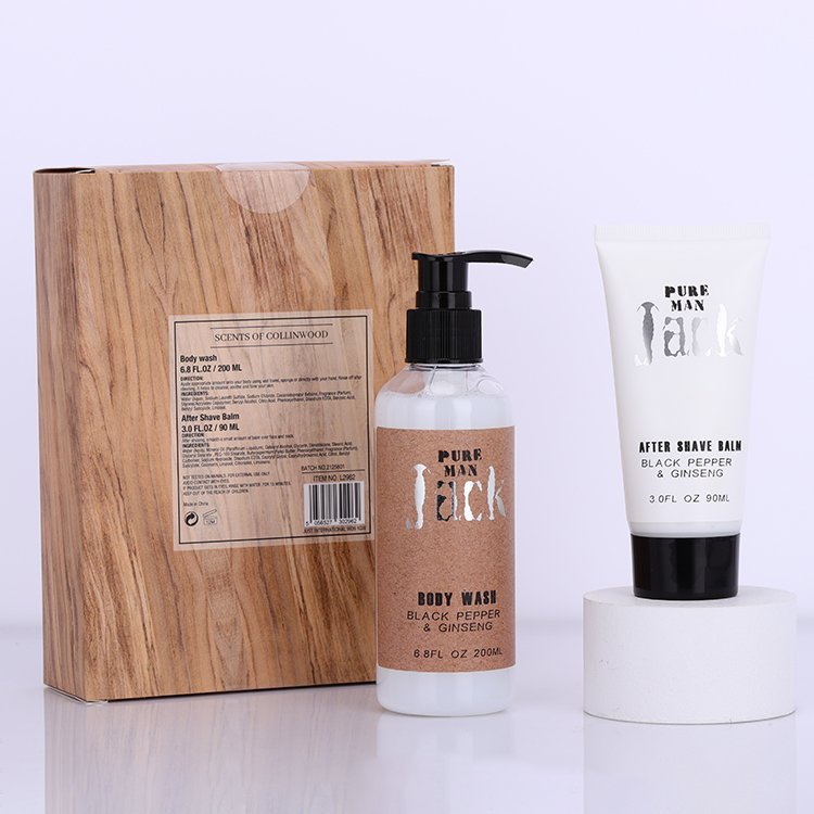 Customized natural design after shave balm body wash men bath body care wood box gift set