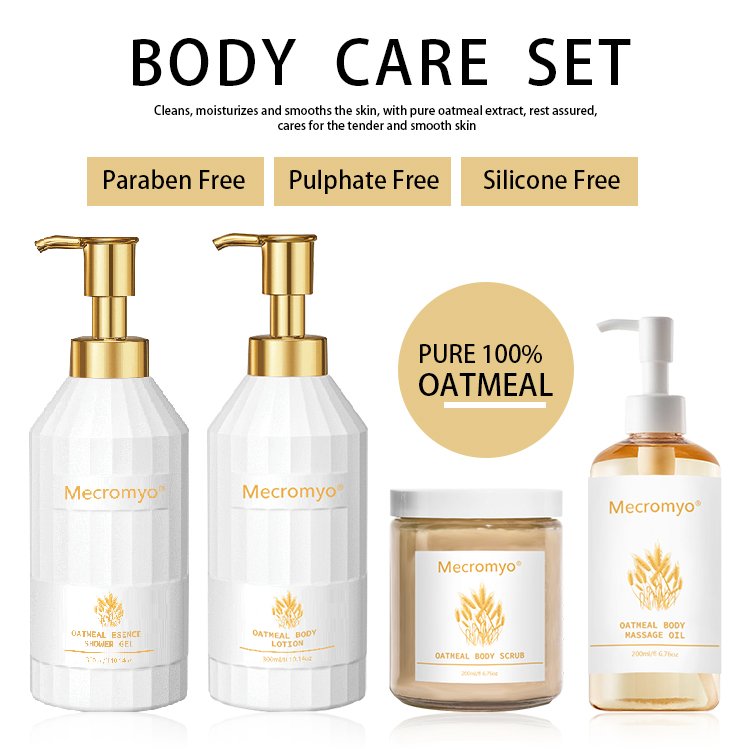 Wholesale Private Label Vegan Organic Moisturizing Oats Body Wash Shower Gel Body Lotion Scrub Massage Oil Set
