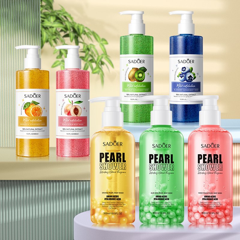 Private Label Packaging Container Aloe Vera Pearl Peach Kiwi Fruit Blueberry Body Scrub Care Whitening Perfume Shower Gel Women