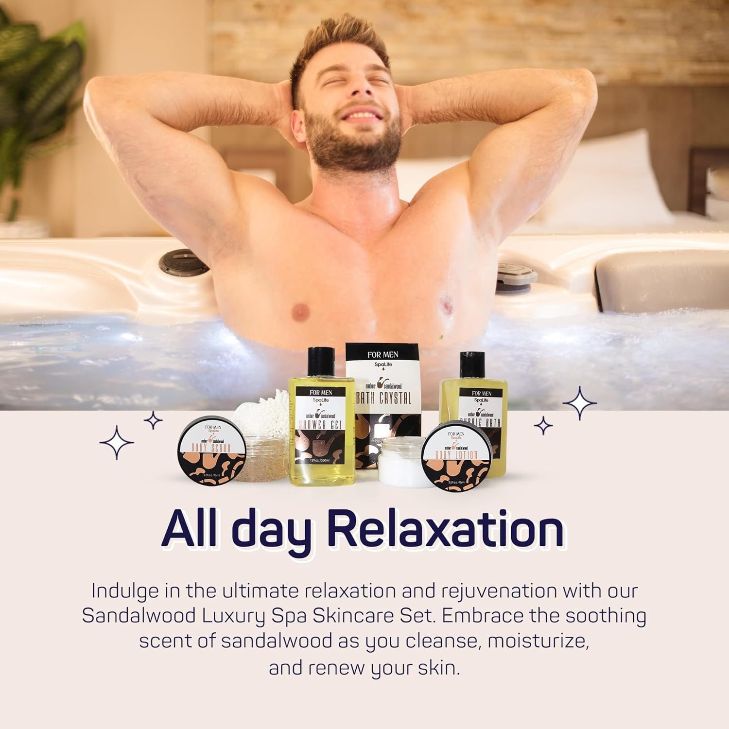 Men's Sandalwood Luxury Spa Skincare Set Shower Gel Exfoliating Scrub Bath set and Body Collection for Effective Cleansing