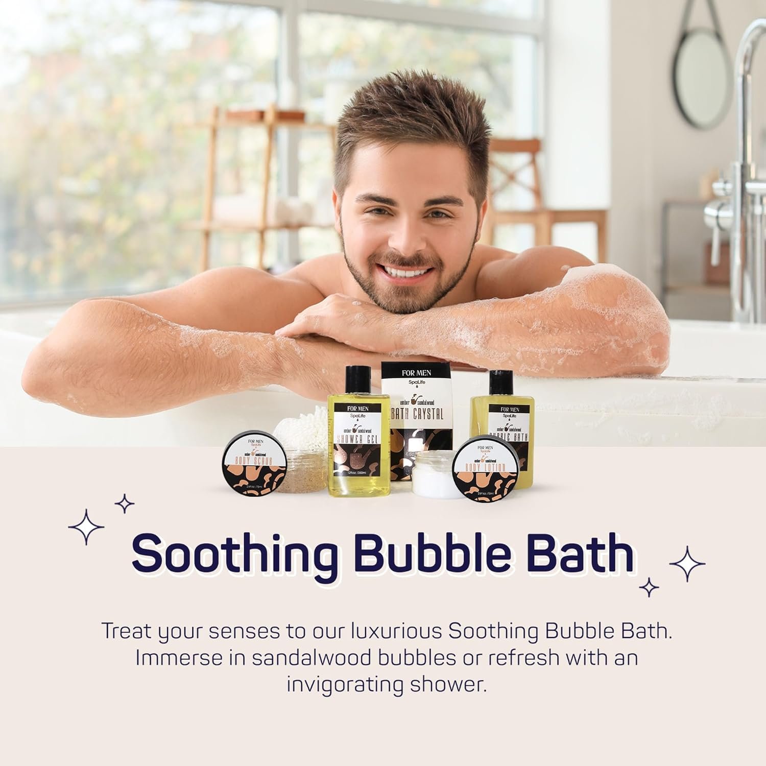 Men's Sandalwood Luxury Spa Skincare Set Shower Gel Exfoliating Scrub Bath set and Body Collection for Effective Cleansing