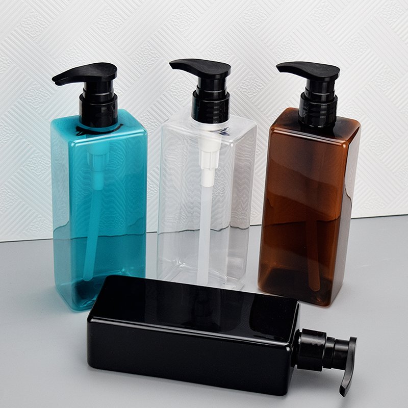 500ml brown blue transparent black square shape PET plastic body lotion shampoo shower gel pump bottle