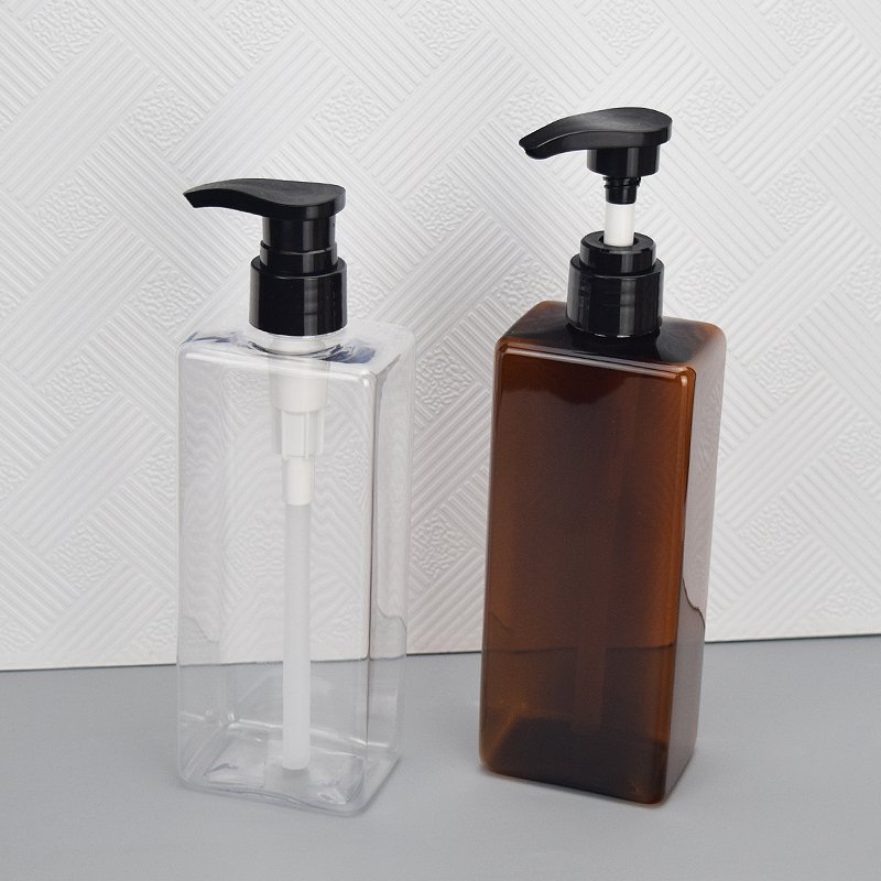 500ml brown blue transparent black square shape PET plastic body lotion shampoo shower gel pump bottle