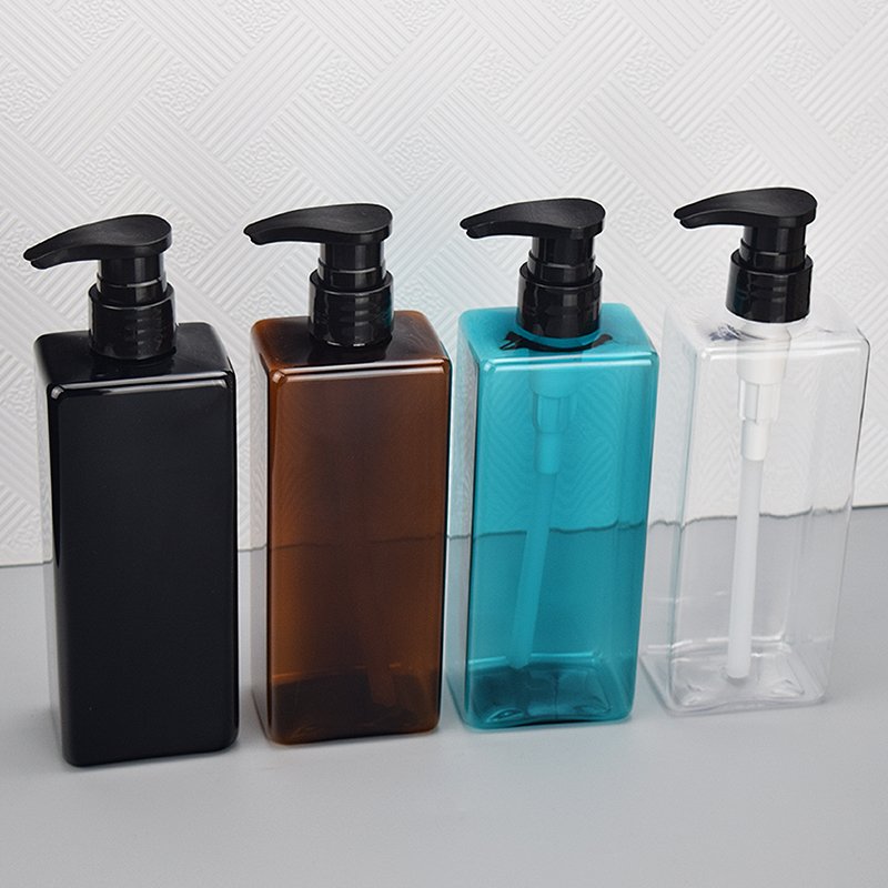 500ml brown blue transparent black square shape PET plastic body lotion shampoo shower gel pump bottle