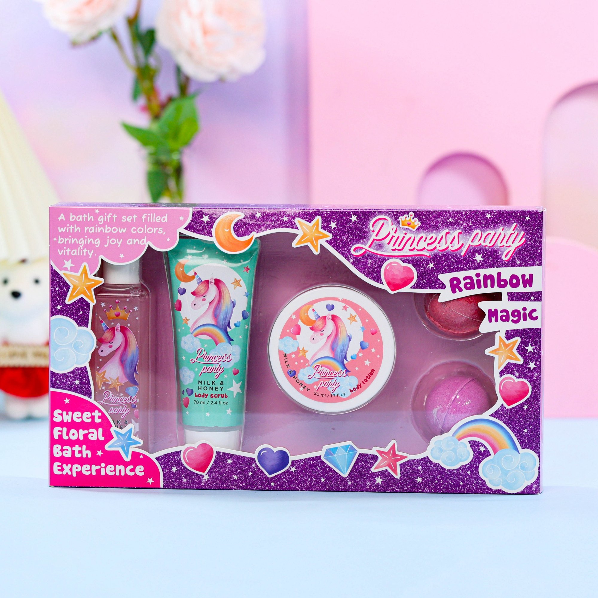 customized kids cartoon design shower gel body scrub lotion bath bomb girl spa gift bath sets with paper box