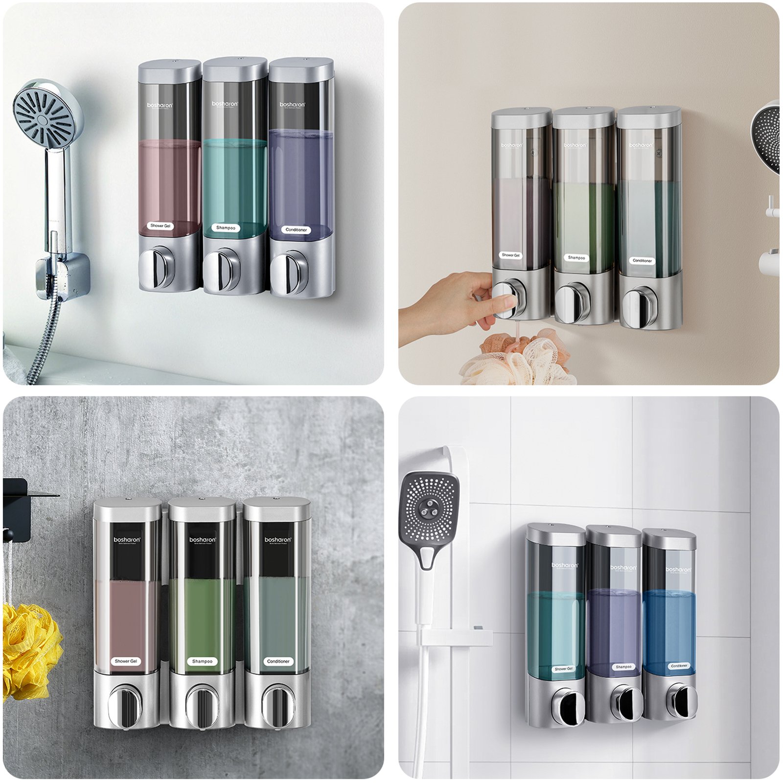 Oem factory Hotel 300ml*3 Wall Mount shower Shampoo Conditioner Bathroom Gel Plastic Abs Triple Liquid Soap Dispenser For Toilet