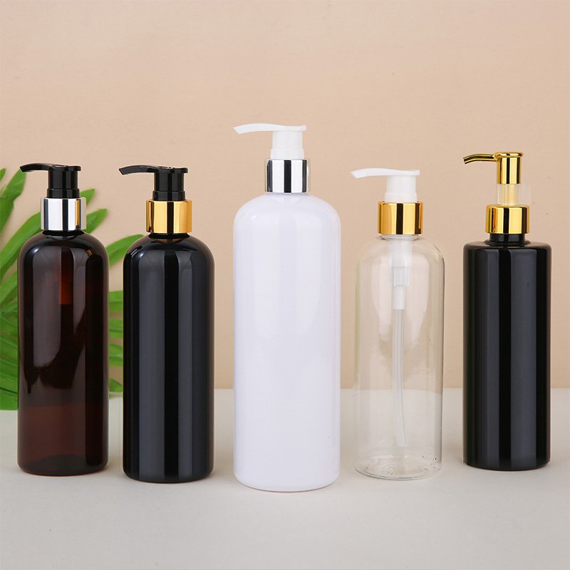 White100ml 250ml 300ml 500ml empty shower gel shampoo cosmetic container plastic bottle with gold silver press disc top cap