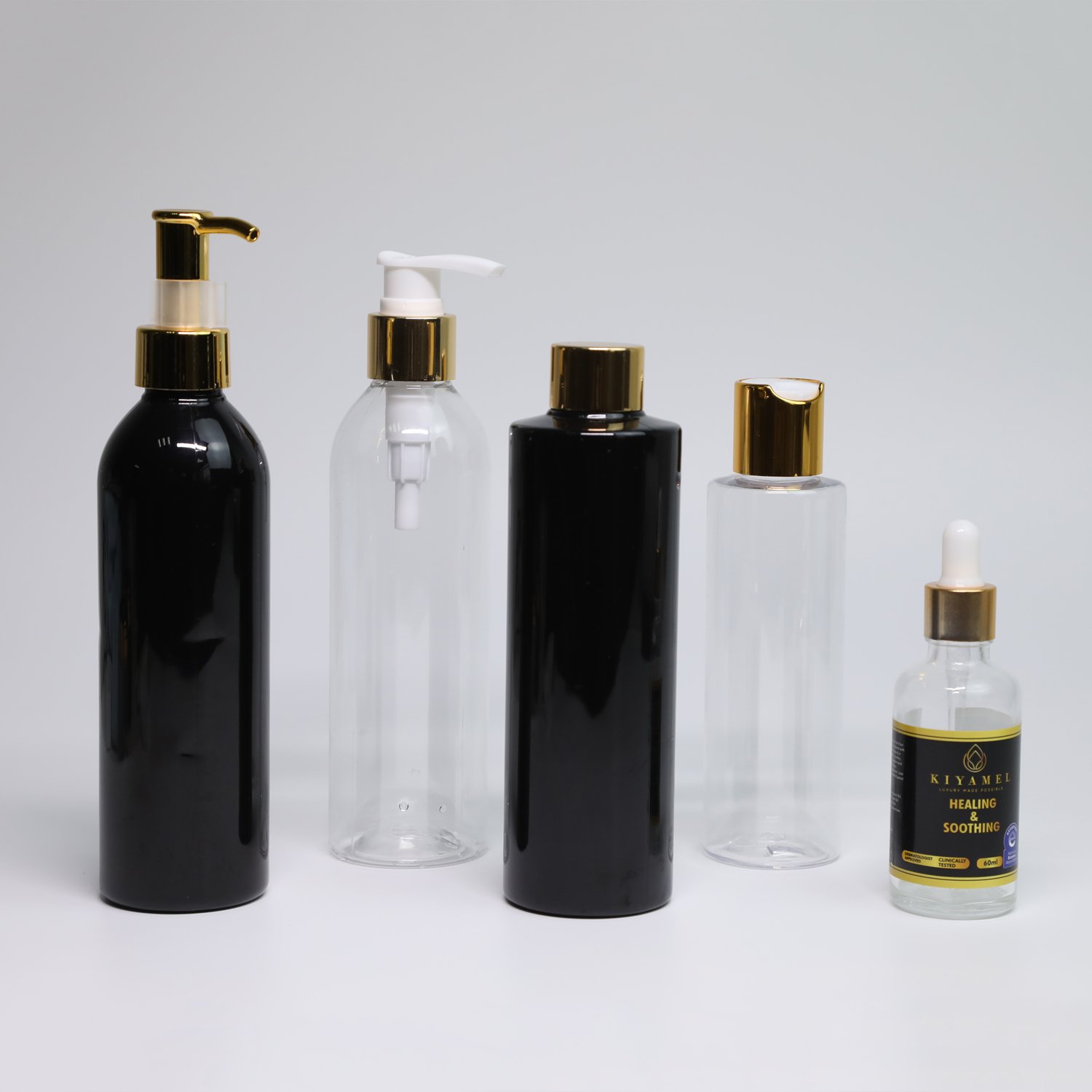 White100ml 250ml 300ml 500ml empty shower gel shampoo cosmetic container plastic bottle with gold silver press disc top cap
