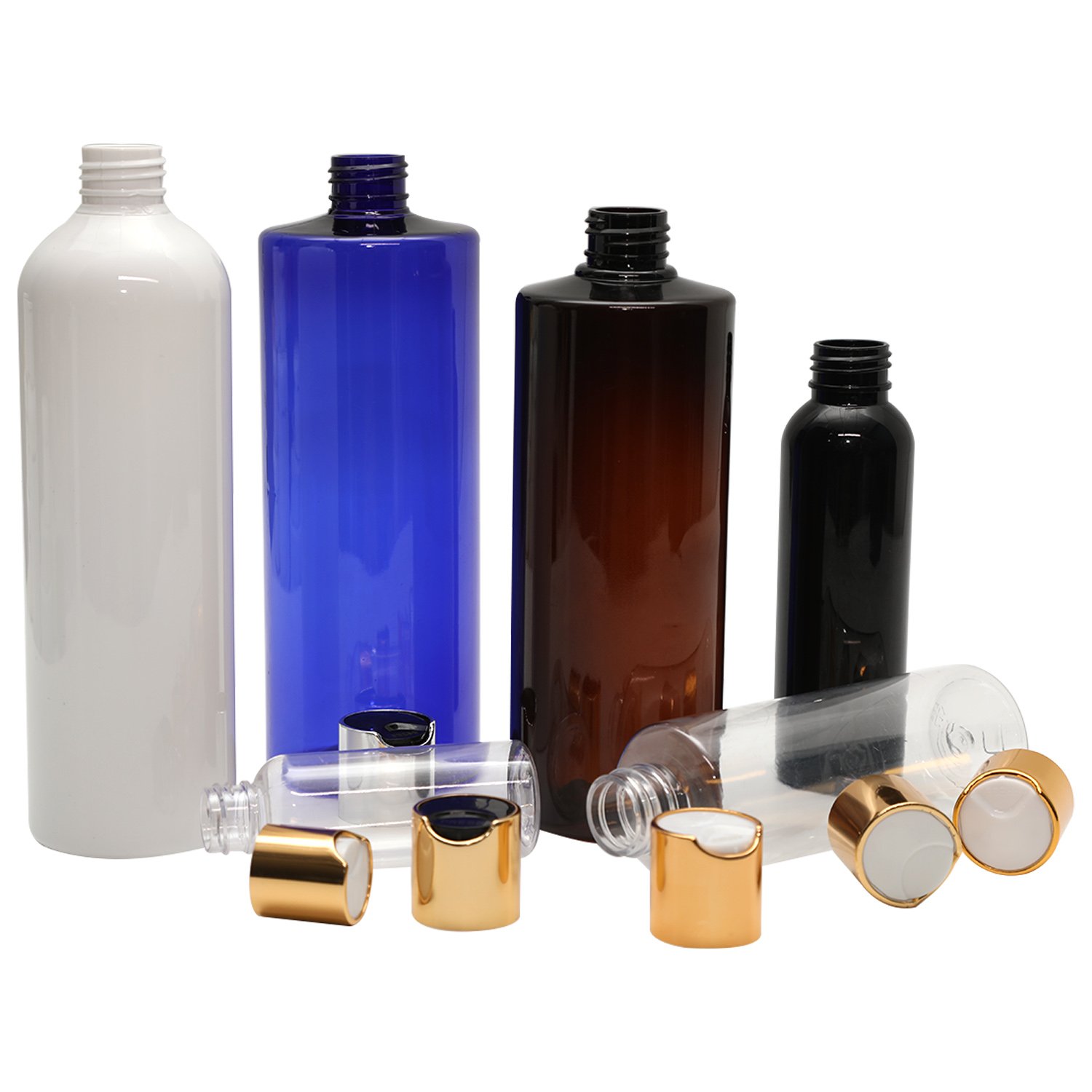 White100ml 250ml 300ml 500ml empty shower gel shampoo cosmetic container plastic bottle with gold silver press disc top cap