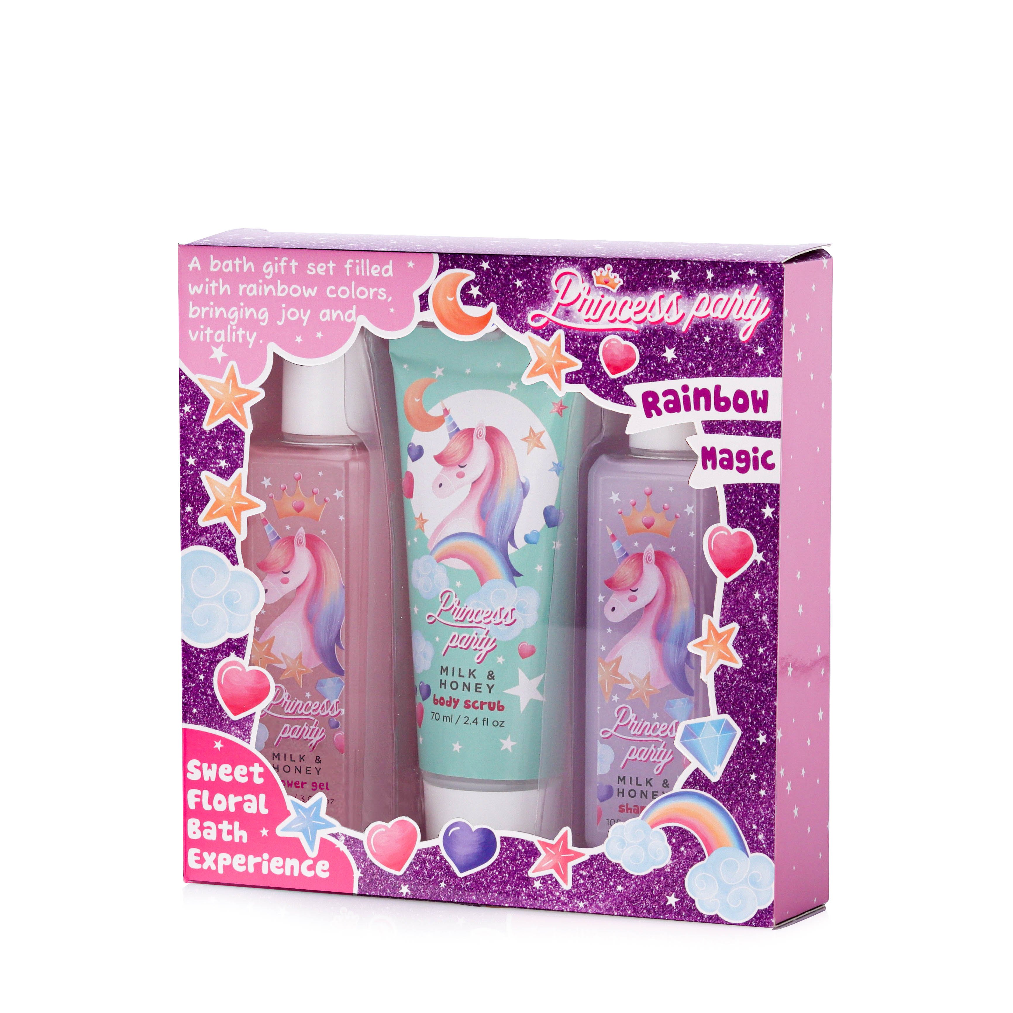 new product kids cartoon rainbow magic design 105ML shower gel shampoo 70ML body scrub girl spa gift bath sets for women