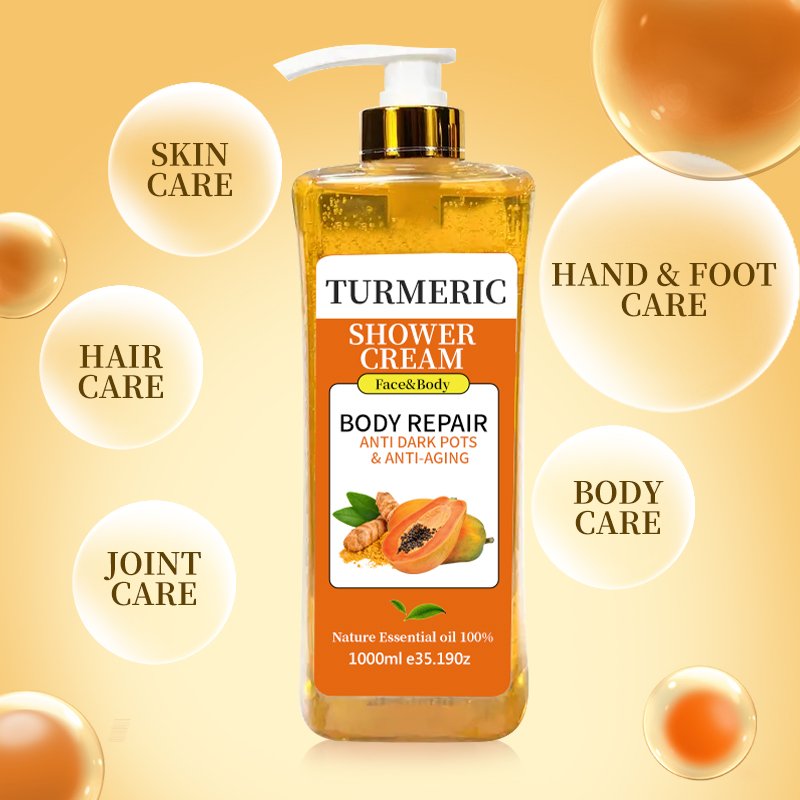 Custom labels 1000ml Natural Turmeric Liquid Soap Scrub Shower Gel Brightening Body Scrub Turmeric Exfoliating Shower Gel