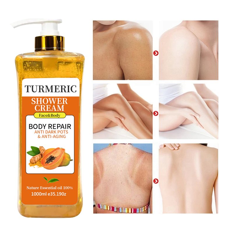 Custom labels 1000ml Natural Turmeric Liquid Soap Scrub Shower Gel Brightening Body Scrub Turmeric Exfoliating Shower Gel