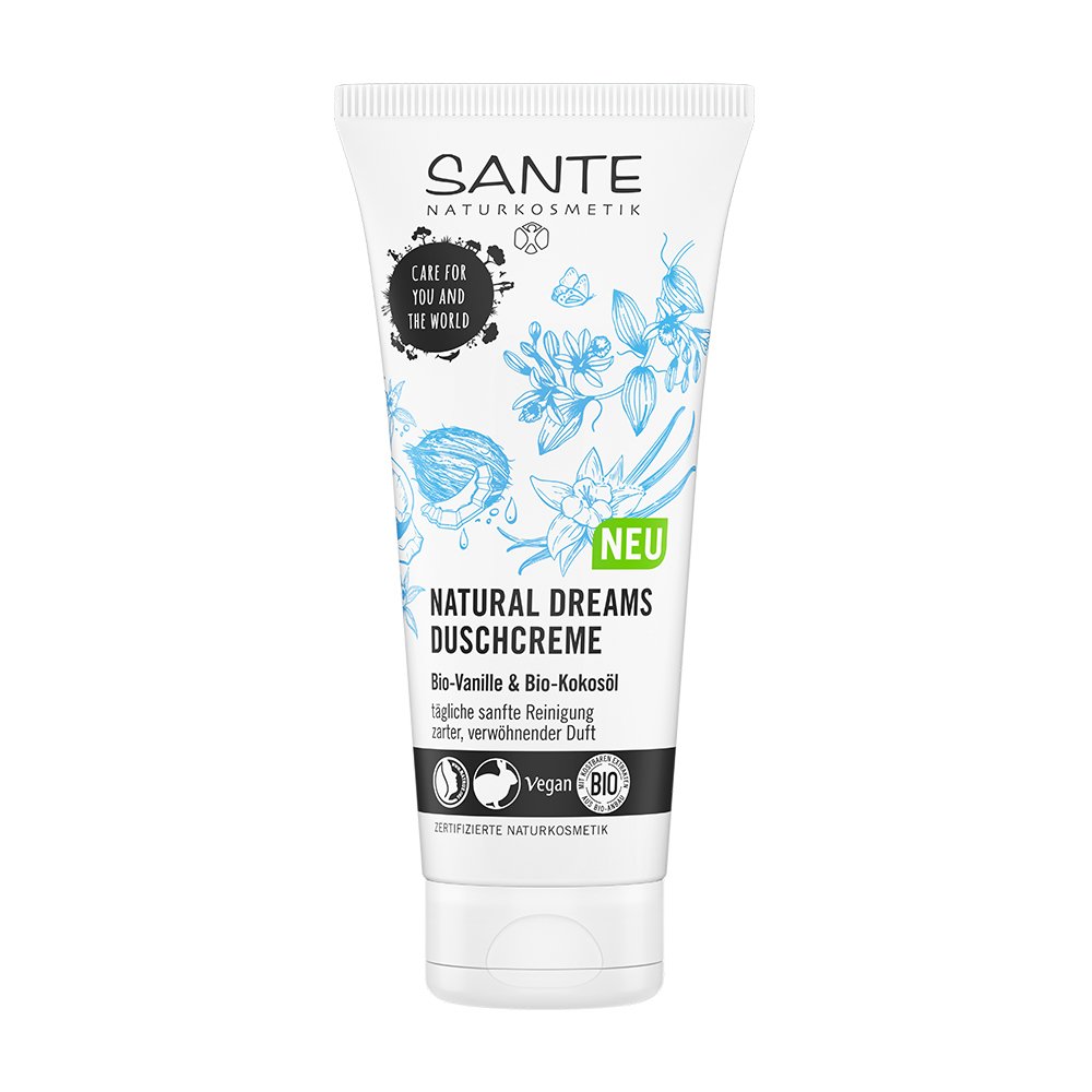 SANTE Naturkosmetik Natural Dreams Shower Cream Organic Vanilla & Coconut Oil, Natural Shower Gel for Soft and Smooth Skin