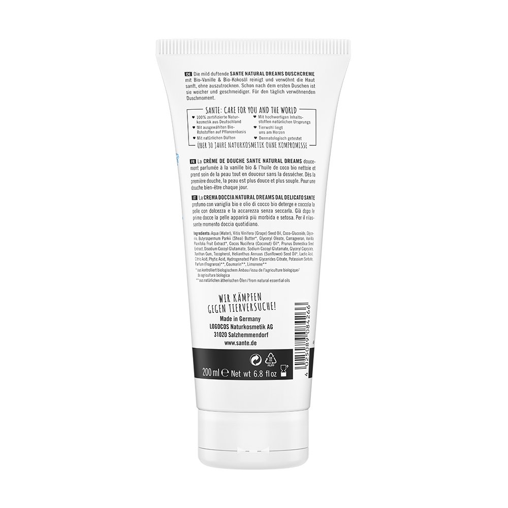 SANTE Naturkosmetik Natural Dreams Shower Cream Organic Vanilla & Coconut Oil, Natural Shower Gel for Soft and Smooth Skin