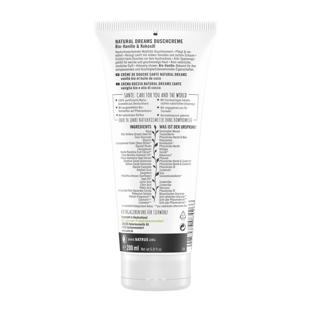 SANTE Naturkosmetik Natural Dreams Shower Cream Organic Vanilla & Coconut Oil, Natural Shower Gel for Soft and Smooth Skin