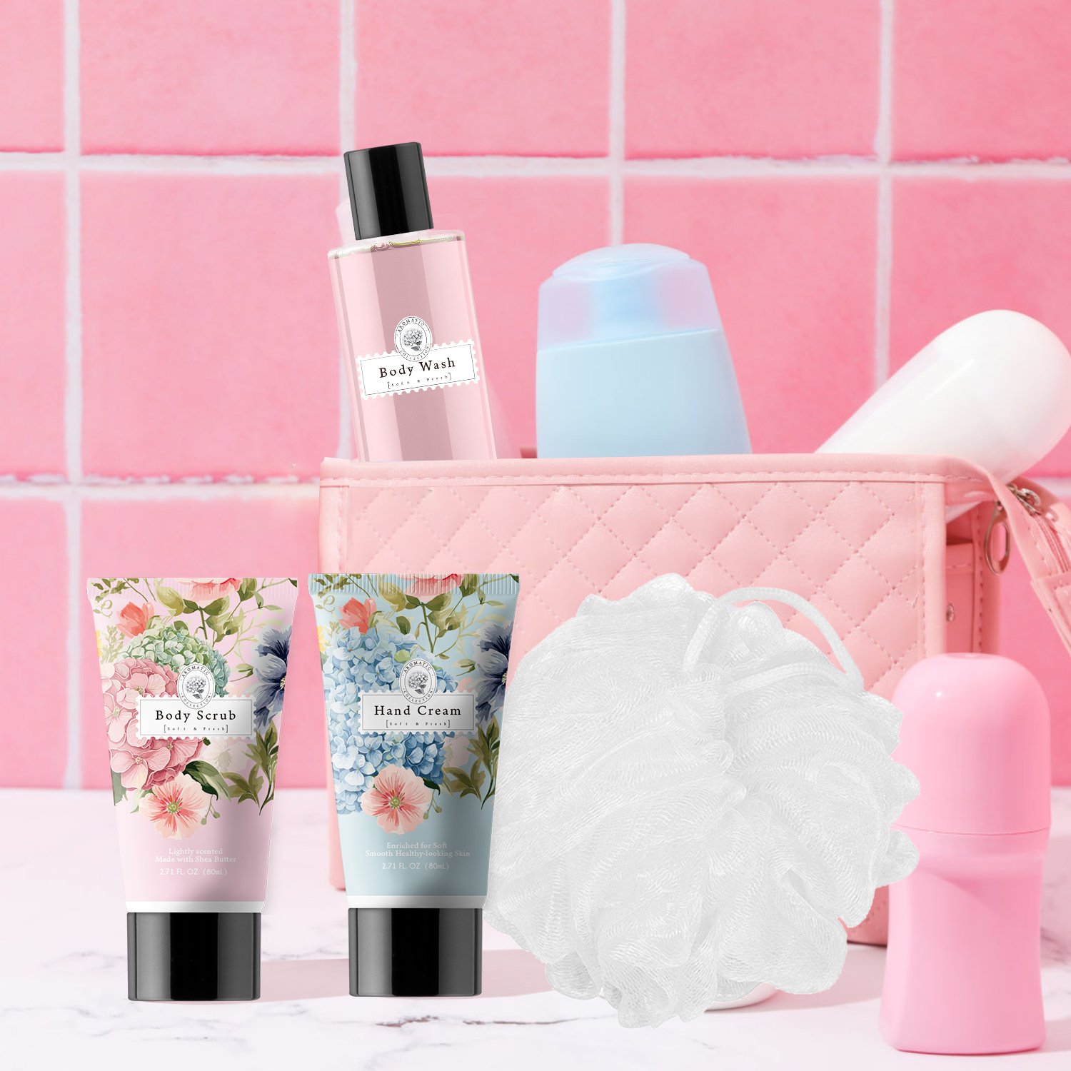 Customizable Floral Scented Bath Gift Set with Scrub Lotion Shower Gel Bubble Bath Bath Salt Ball in Glass Jar MOQ 1000