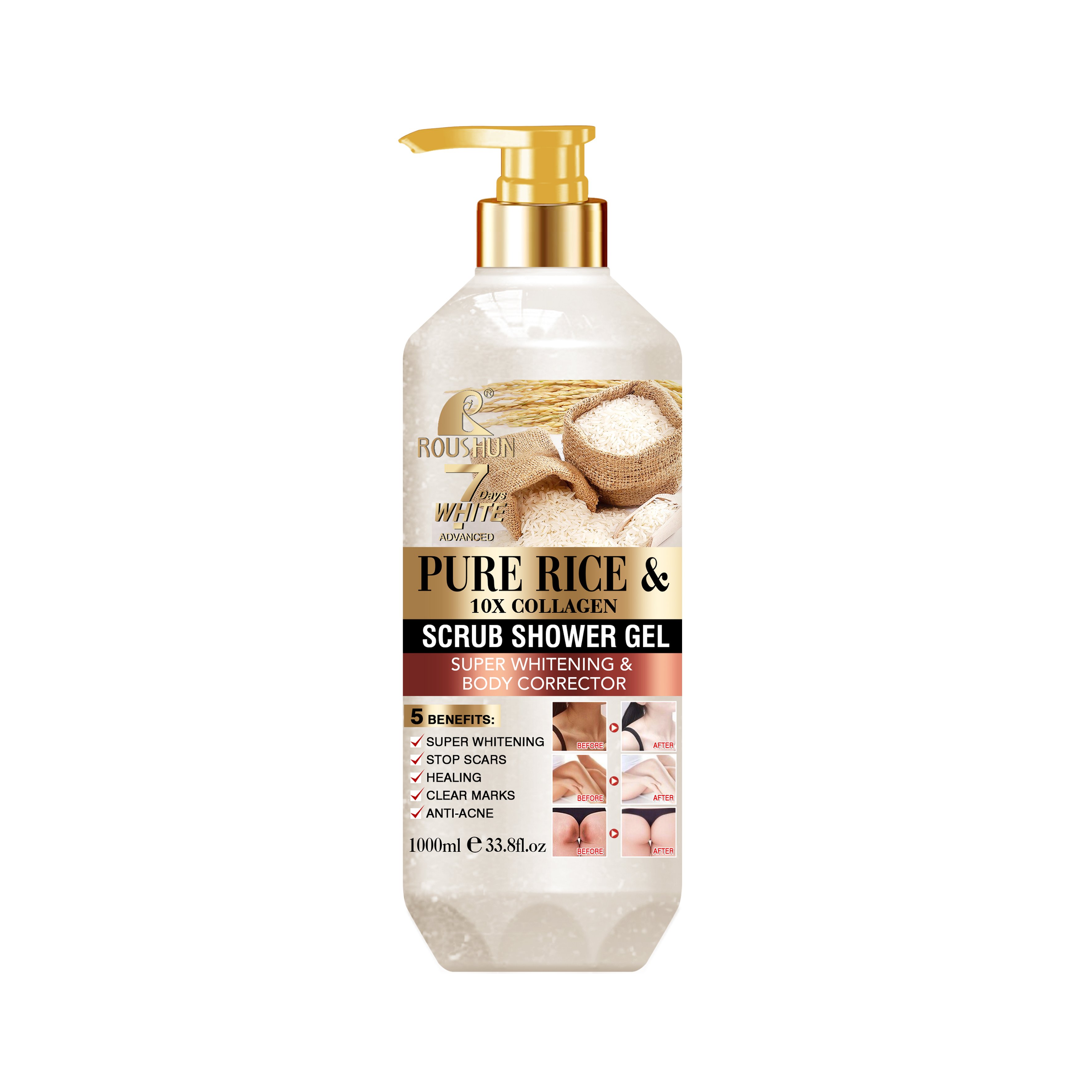 ROUSHUN Pure Rice Scrub Shower Gel Clean Skin Moisten Water Replenishing Long Lasting Fragrance Whitening Bubble Exfoliator