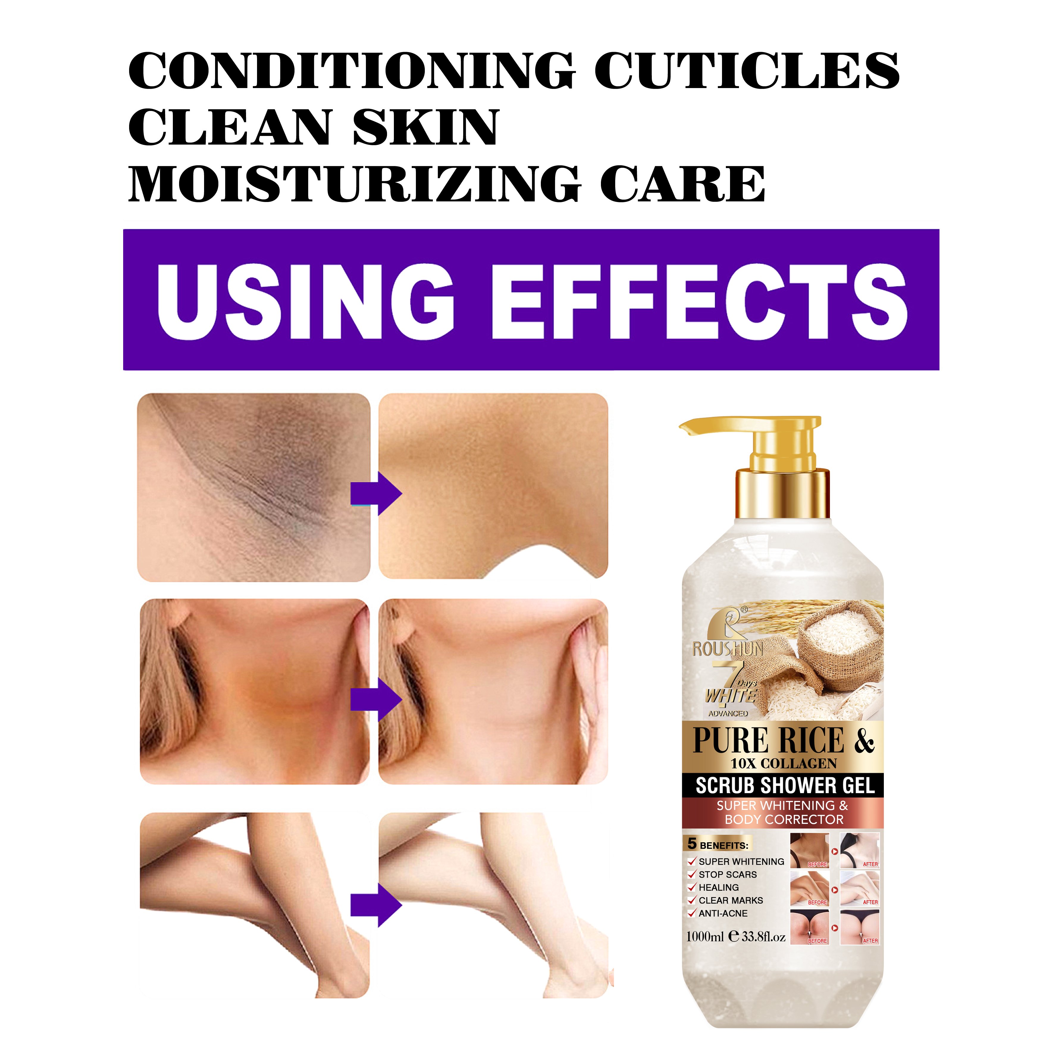 ROUSHUN Pure Rice Scrub Shower Gel Clean Skin Moisten Water Replenishing Long Lasting Fragrance Whitening Bubble Exfoliator